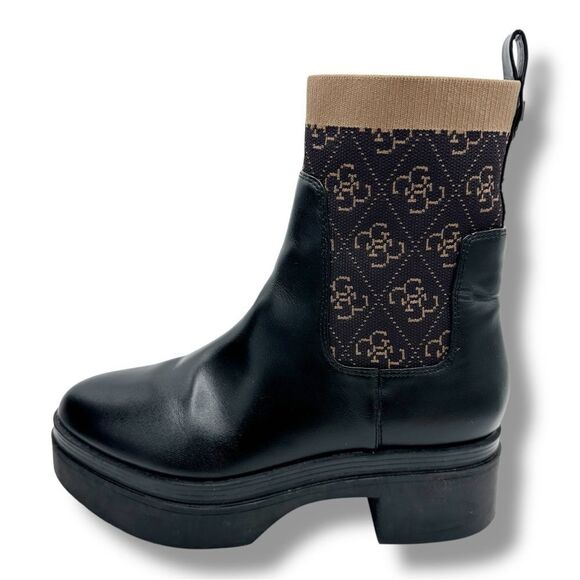 GUESS Women's Keanna Knit Detail Pull-On Lug Sole Faux Leather Chelsea Boots 8.5 - Picture 3 of 16